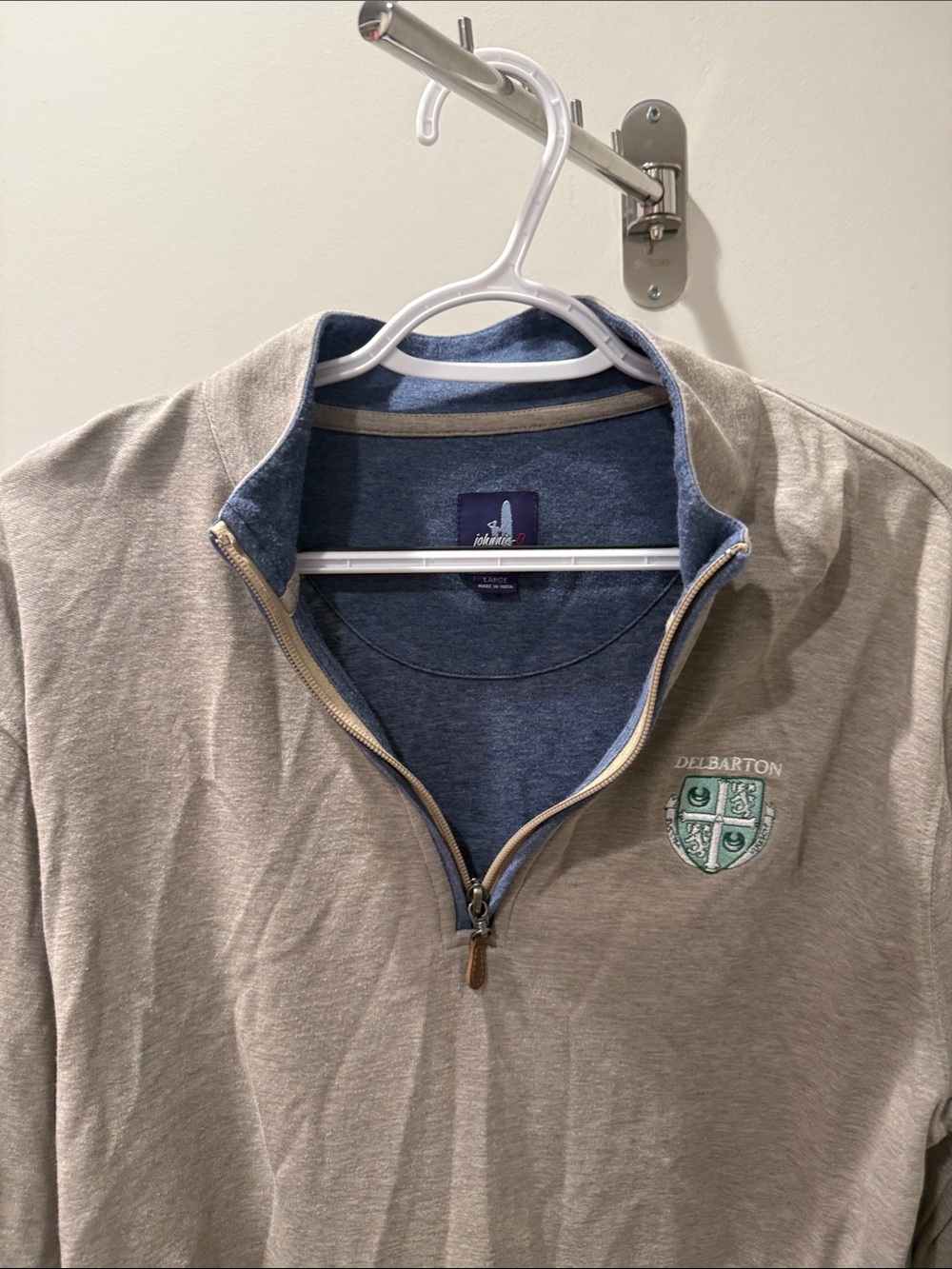 johnnie-O Beige Quarter-Zip Sweater with Blue Lining. Delbarton